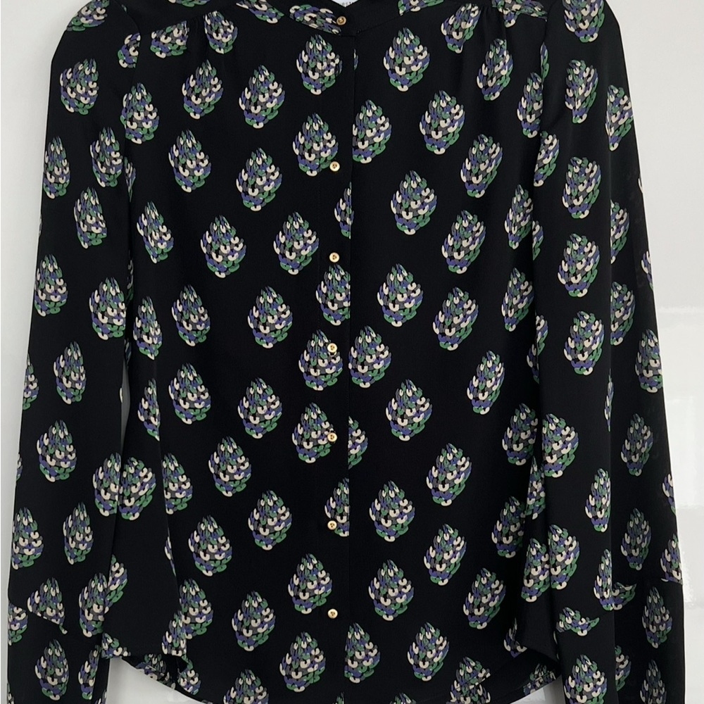 Diane Von Furstenberg Black Silk Artichoke Print Mandarin Collar Blouse – US 2